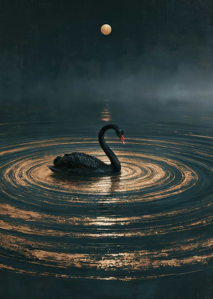 Black Swan on a Misty Lake with Golden Ripples, Dark Moody Painting