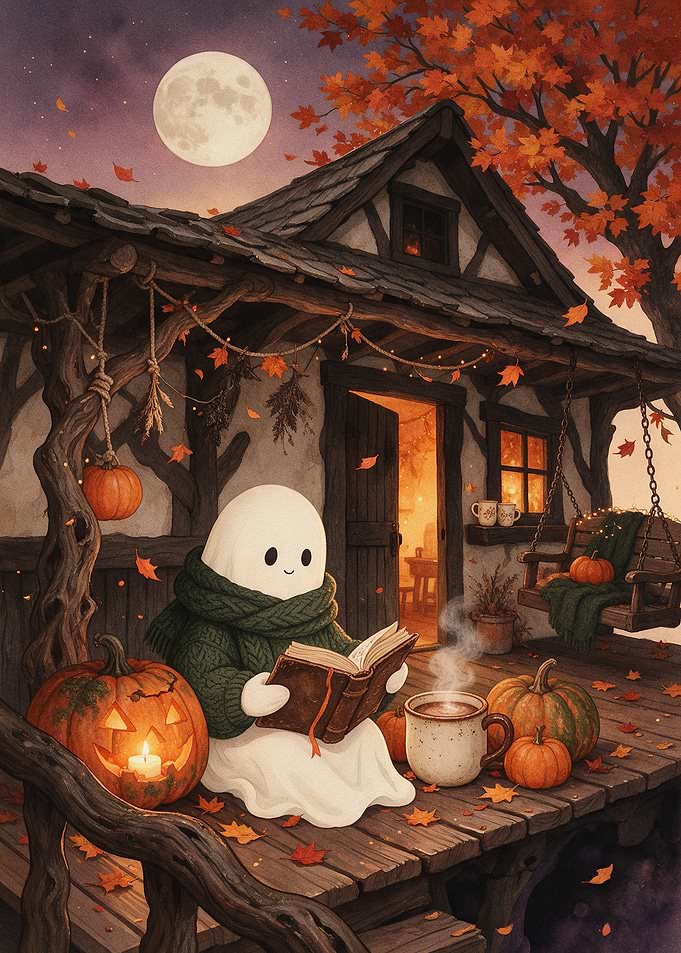 Cozy Ghost Reading on Autumn Porch