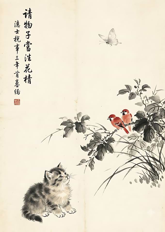 Traditional Chinese Ink Painting of Kitten