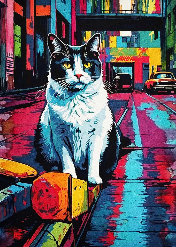 Cat City Street Vibrant Pop Art