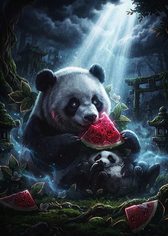 Panda Eating Watermelon Art Poster