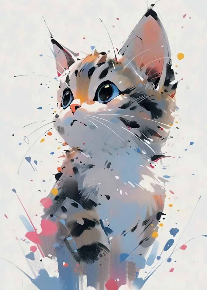 Watercolor Splatter Kitten Illustration