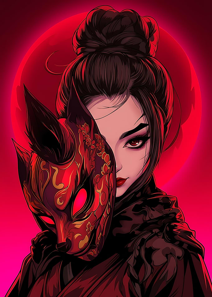 Woman with Kitsune Mask Illustration