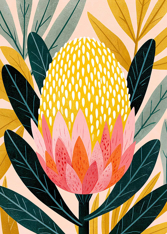 Stylized Protea Flower Botanical Illustration