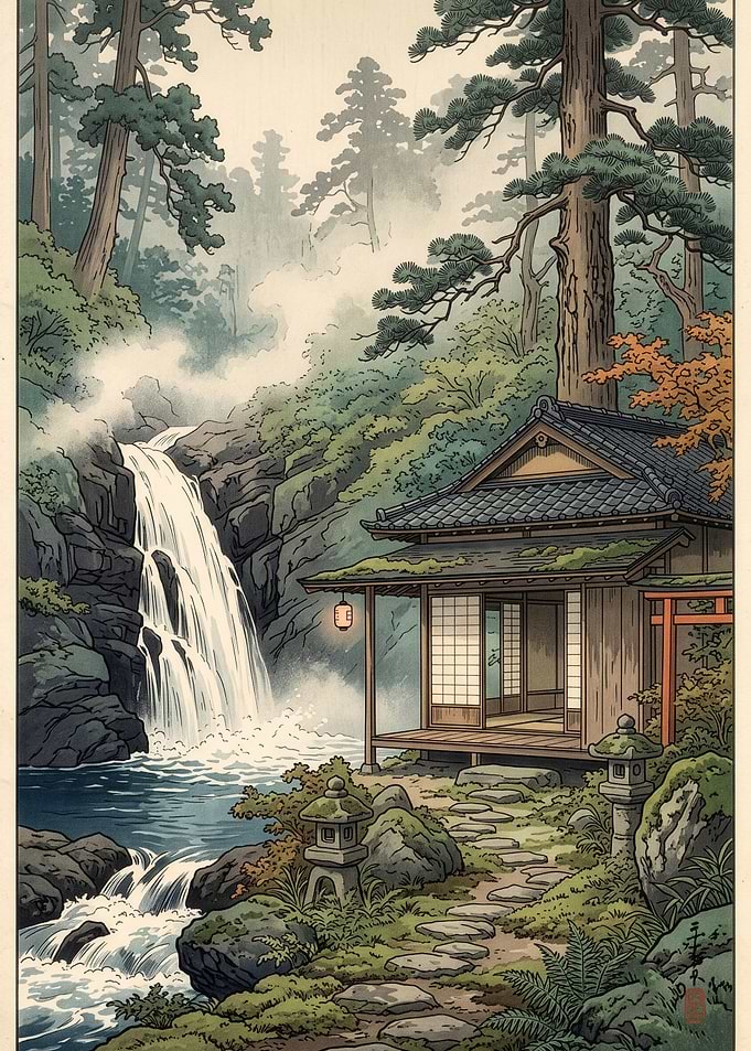 Traditional Japanese House by Waterfall