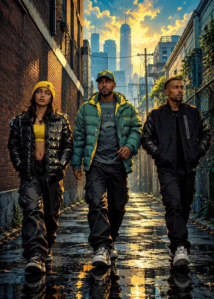 Three Friends Walking Through City Alley