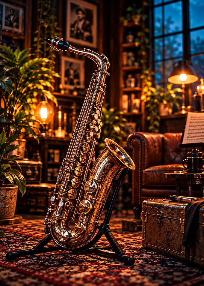 Golden Saxophone in Cozy Study
