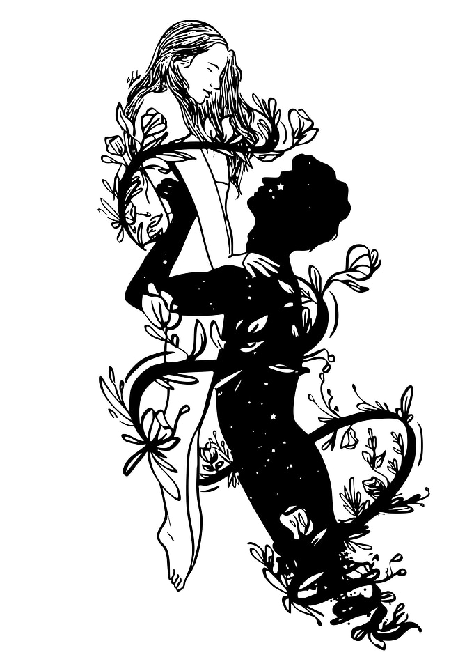 Celestial Lovers Entwined with Flowers