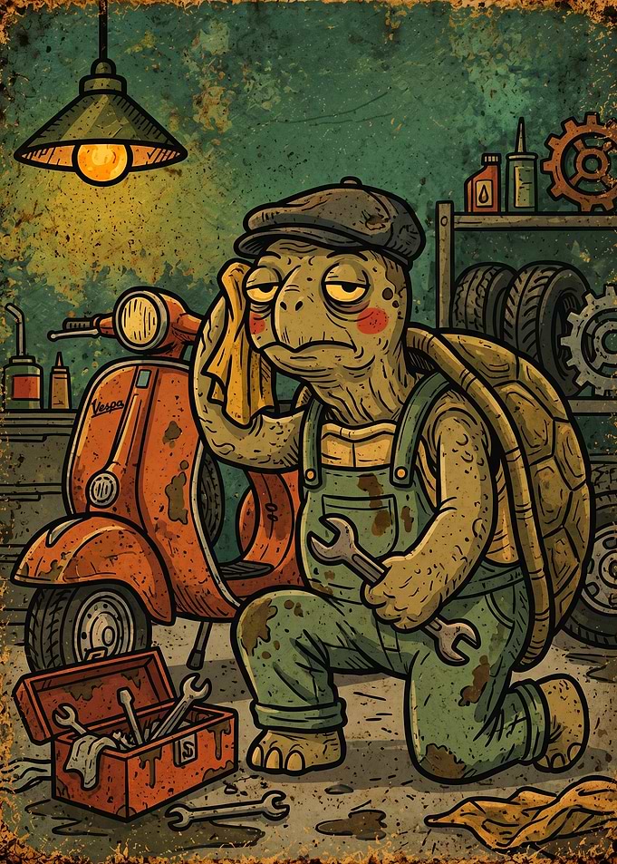 Tired Turtle Mechanic Fixing Vespa