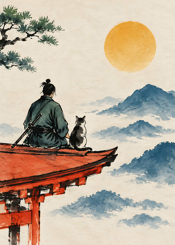Samurai and Cat on Temple Roof