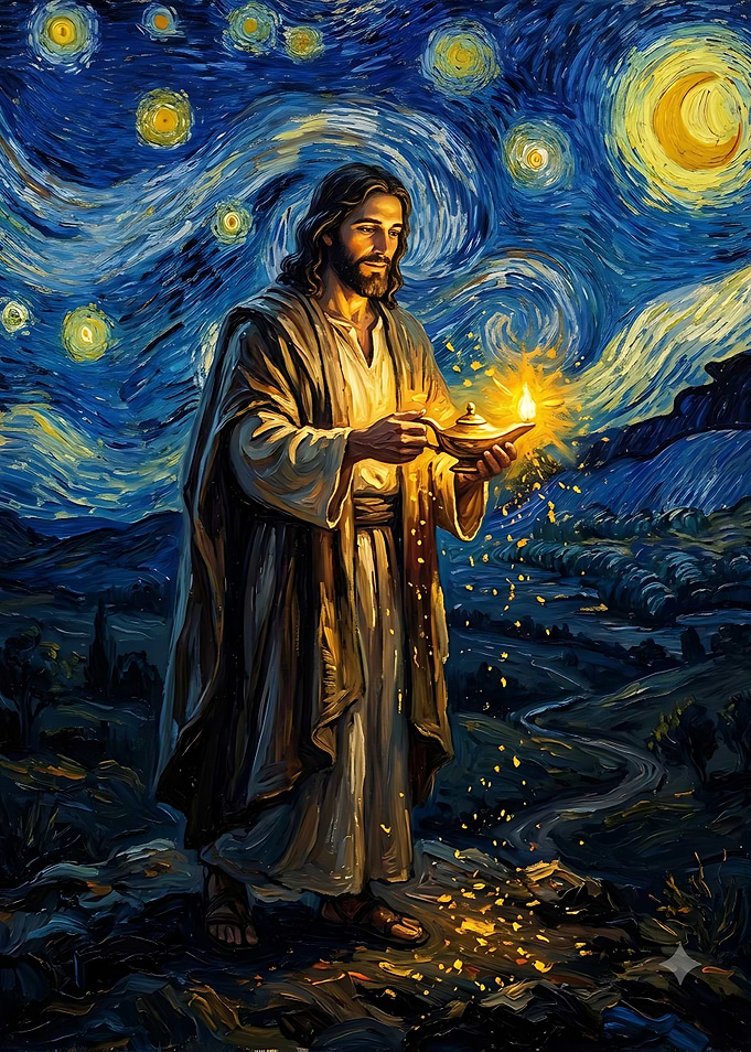 Jesus Holding Lamp Starry Night Style