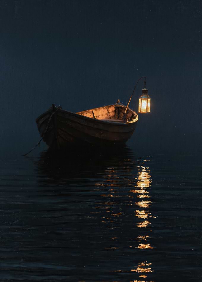 Lone Rowboat with a Golden Lantern on a Still Midnight Lake