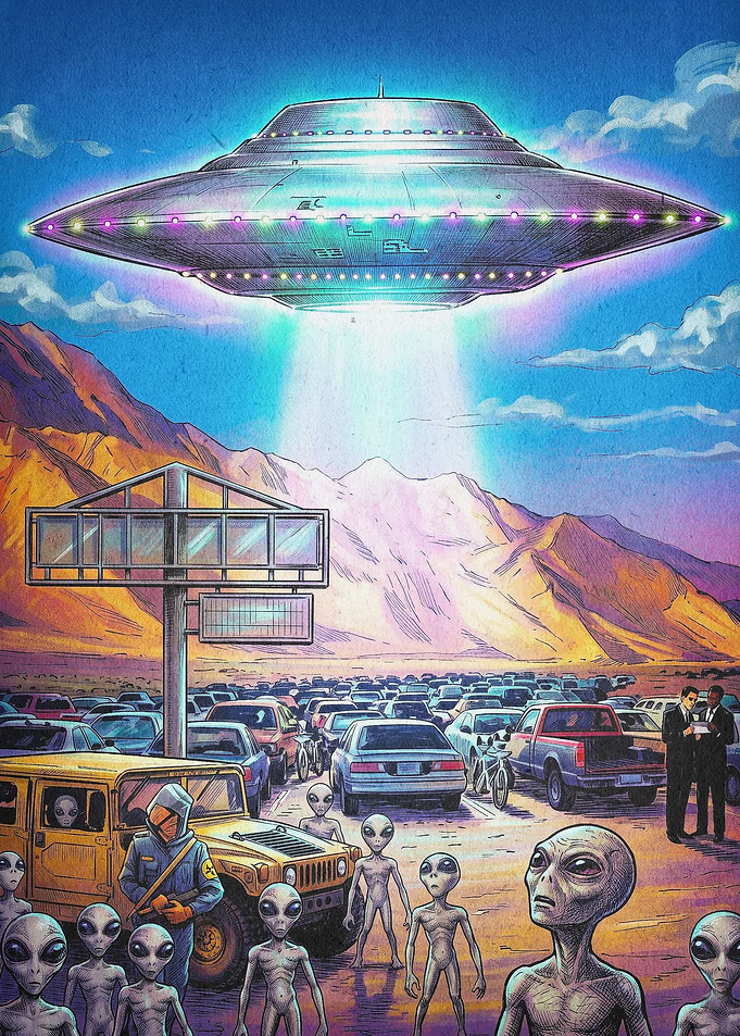 Alien UFO Invasion Retro Art Poster