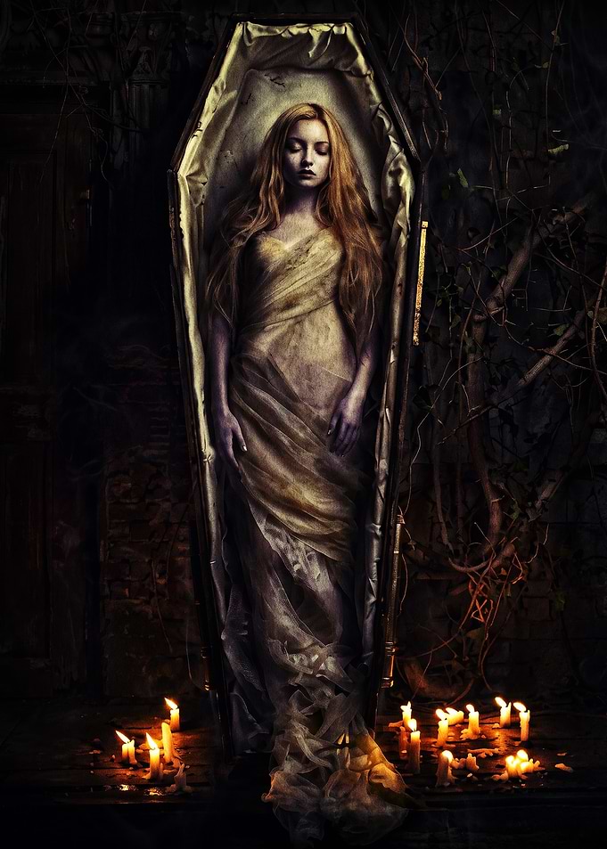 Gothic Woman Resting in Coffin