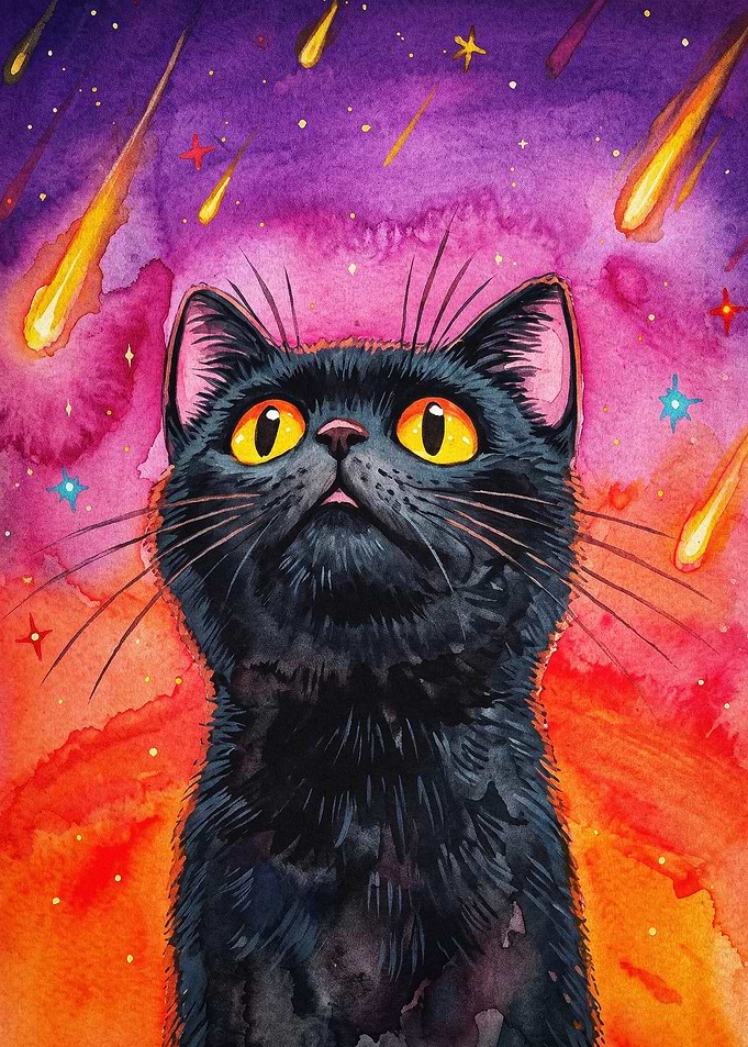 Black Cat Shooting Stars Watercolor