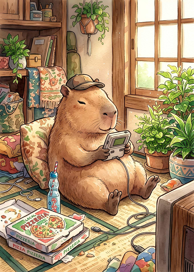 Cozy Capybara Gaming with Pizza