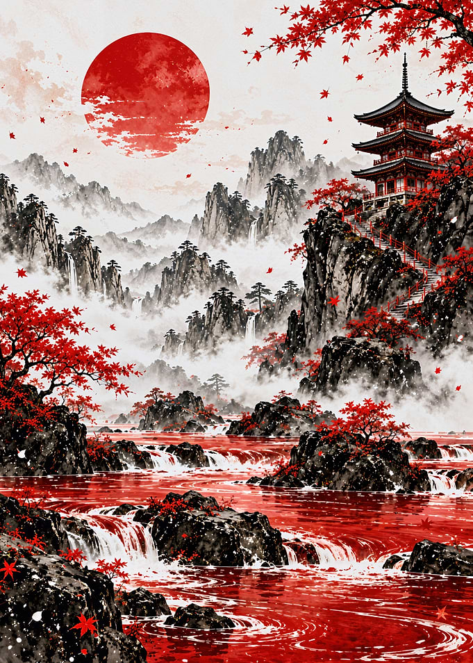 Red Maple Pagoda Mountain Landscape
