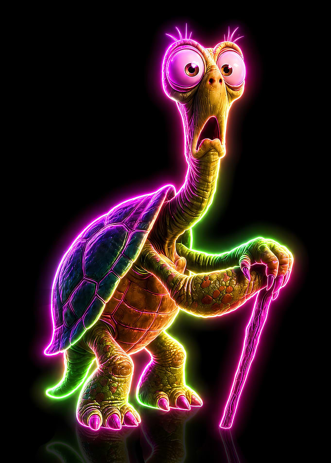 Neon Glowing Cartoon Turtle Character