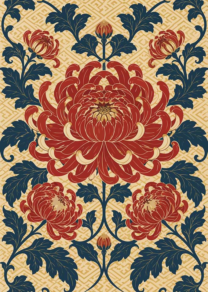 Japanese Art Poster: Chrysanthemum and Sayagata Pattern, Limited Colors