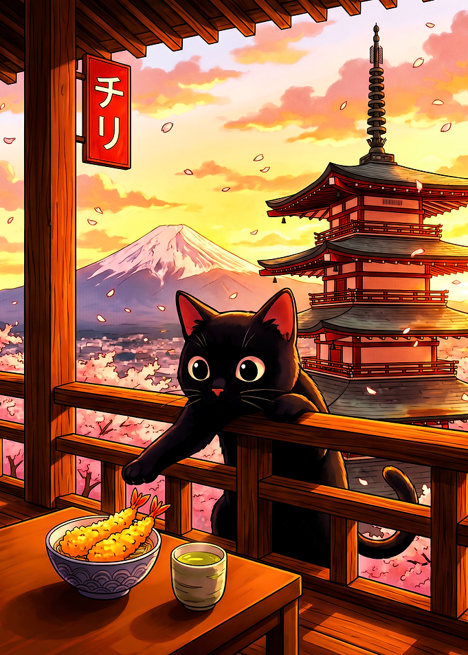 Black Cat Enjoying Tempura in Japan