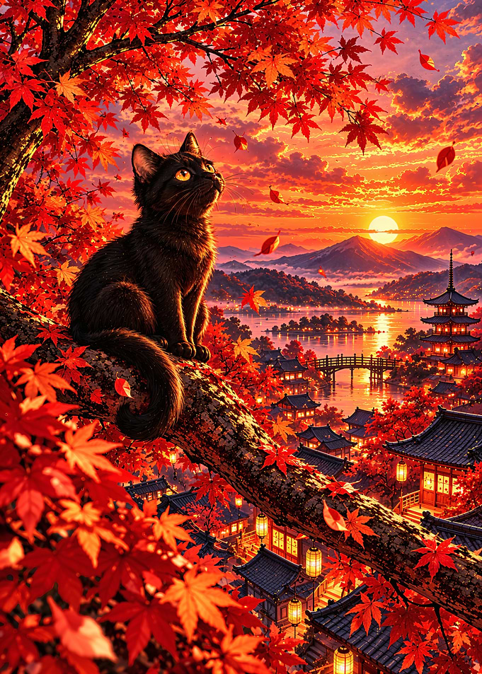 Black Cat in Autumn Japanese Village