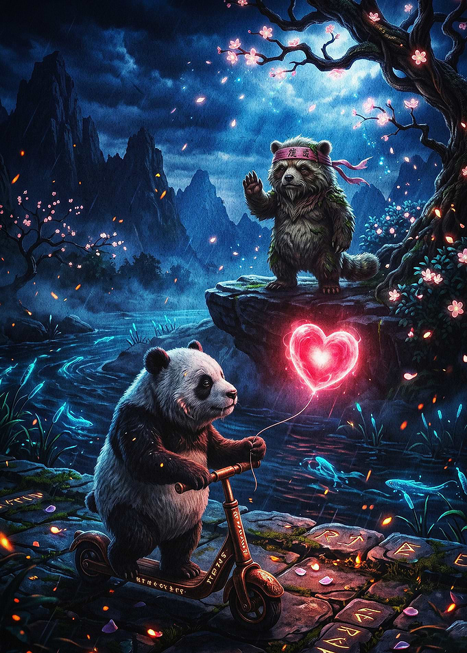 Panda Scooter Magical Night Art
