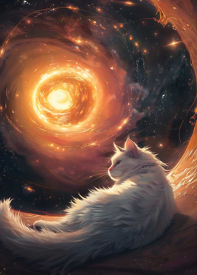 White Cat Watching Cosmic Vortex