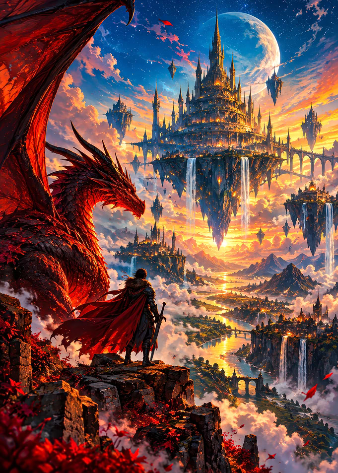 Warrior and Dragon Over Floating Kingdom