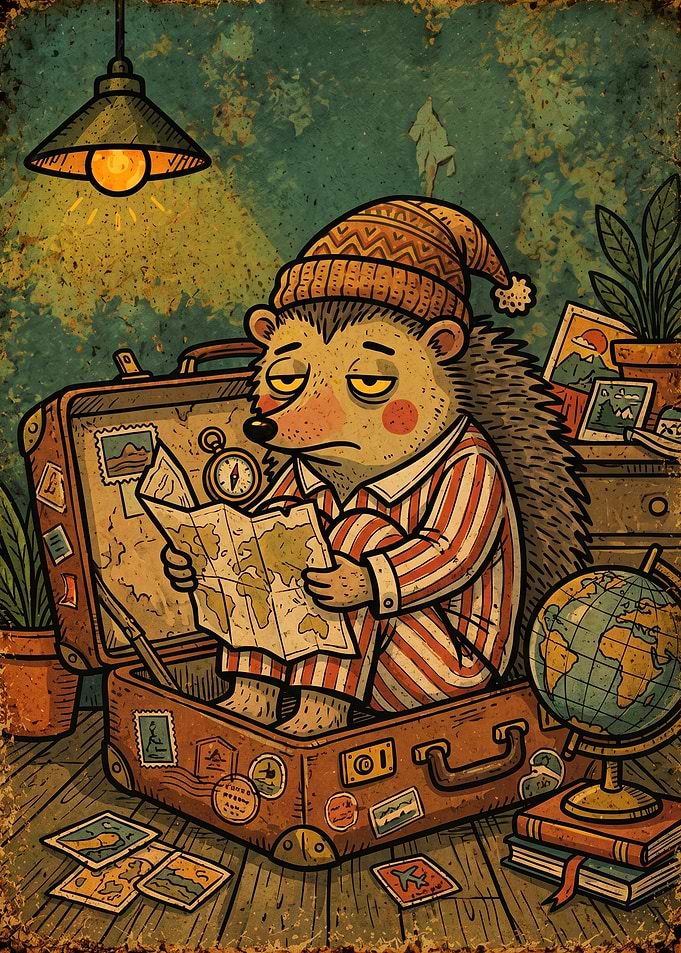 Sleepy Hedgehog Planning a Travel Adventure