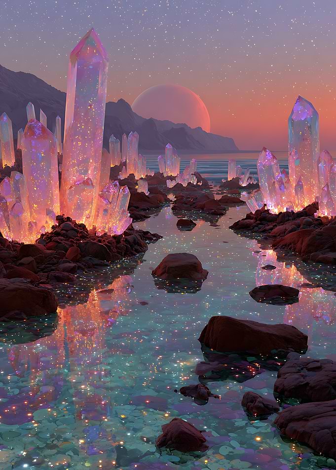 Ethereal Crystal Landscape at Sunset