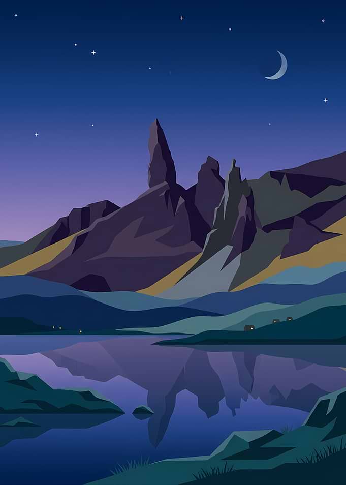 Minimalist Mountain Lake Night Landscape