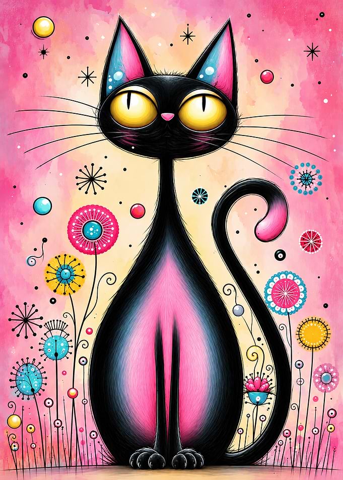 Whimsical Black Cat in Pink Garden