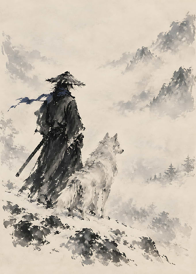 Samurai and Wolf in Misty Mountains