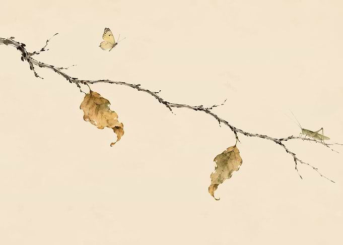 Minimalist Ink Wash Branch with Insects