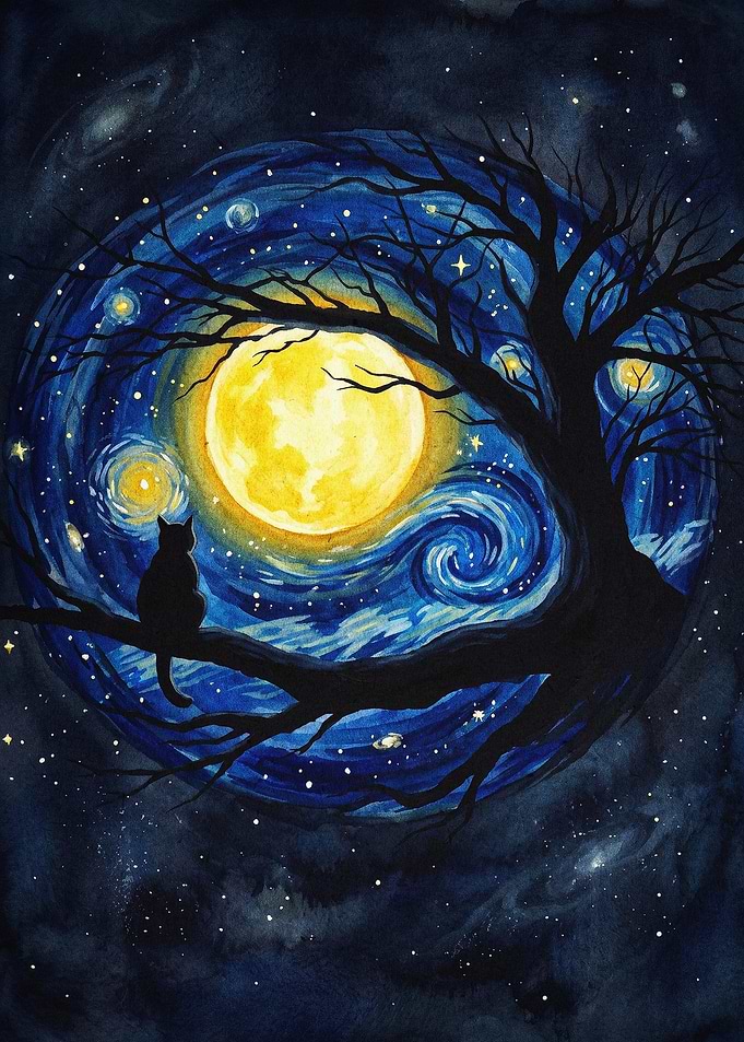 Starry Night Cat Art