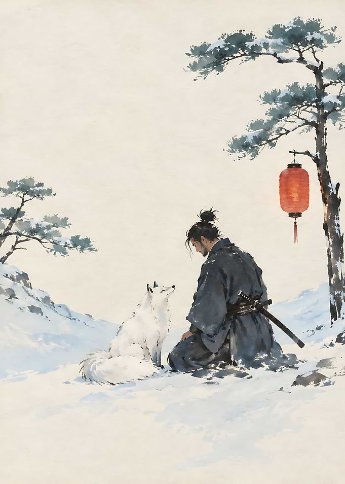 Samurai and White Fox in Snow