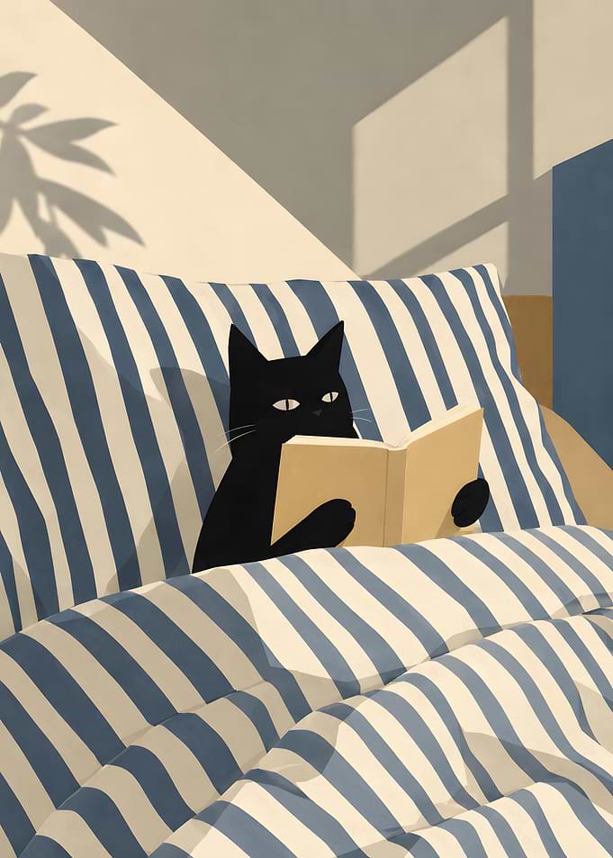 Cozy Black Cat Reading Book