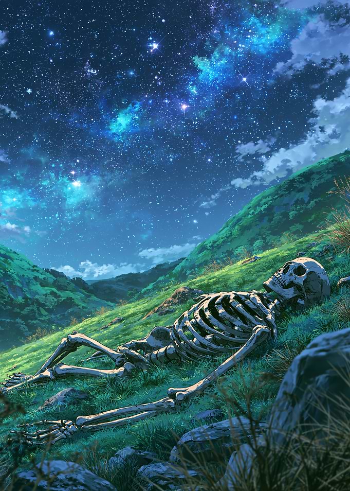 Skeleton Resting Under Starry Night Sky