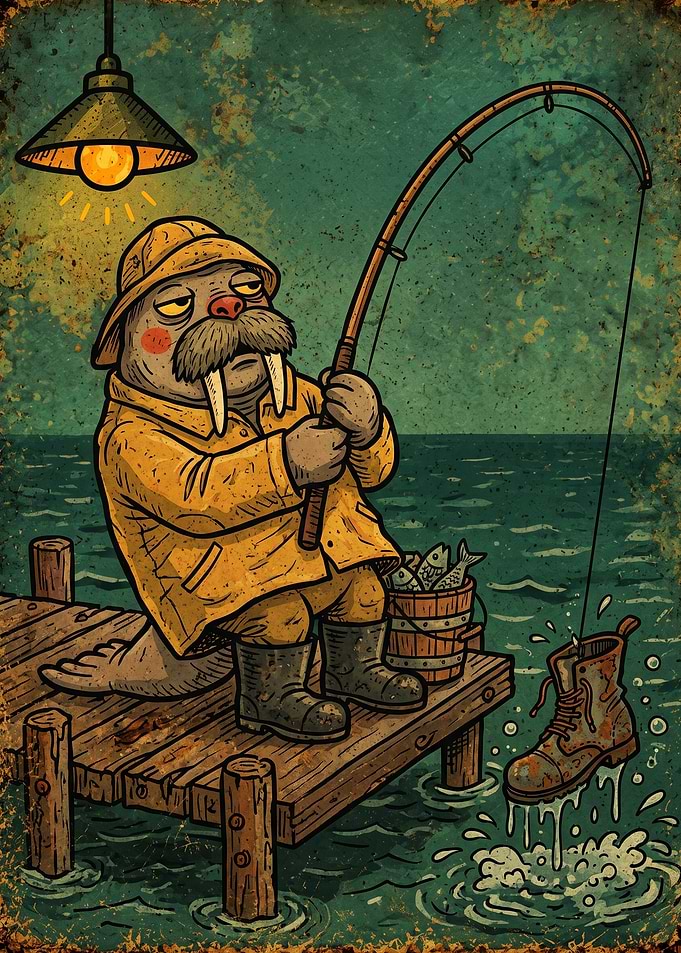 Walrus Fisherman Catching a Boot