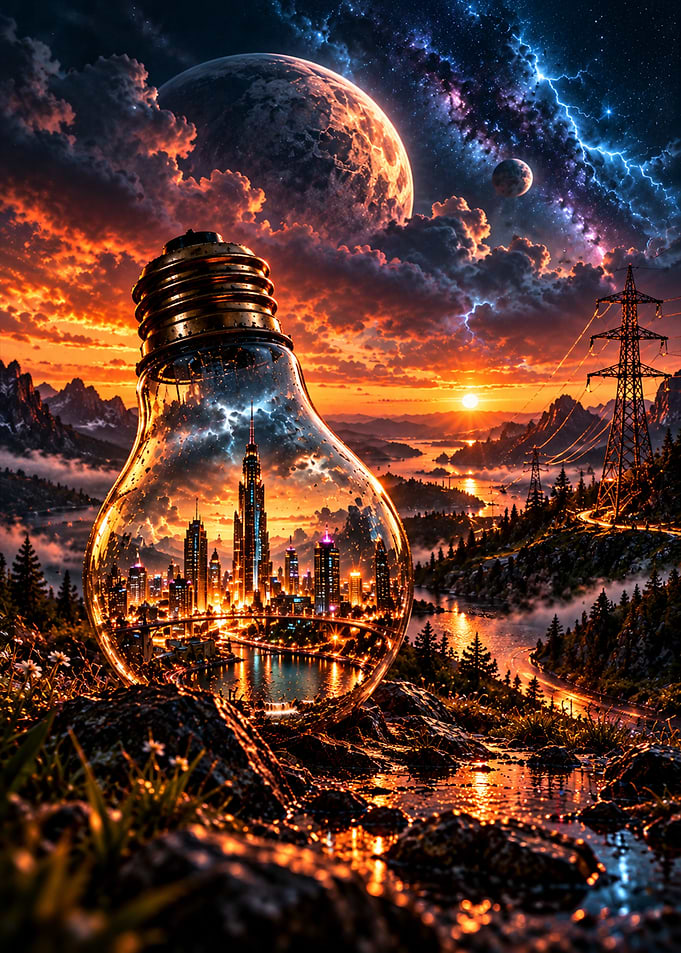 Cityscape Inside a Glowing Lightbulb