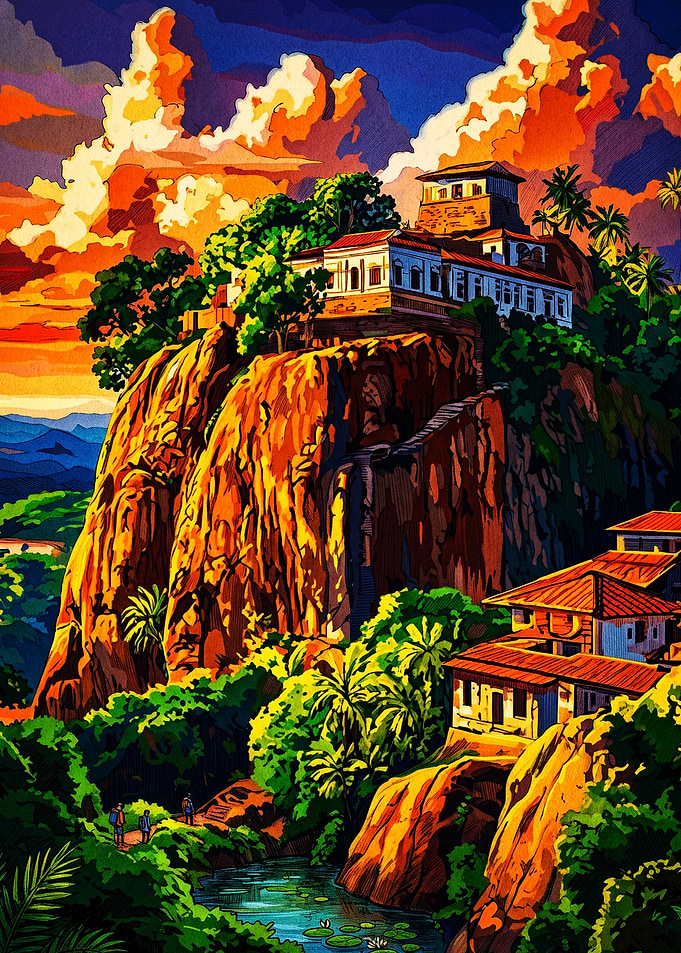 Vibrant Tropical Cliffside Fortress Landscape