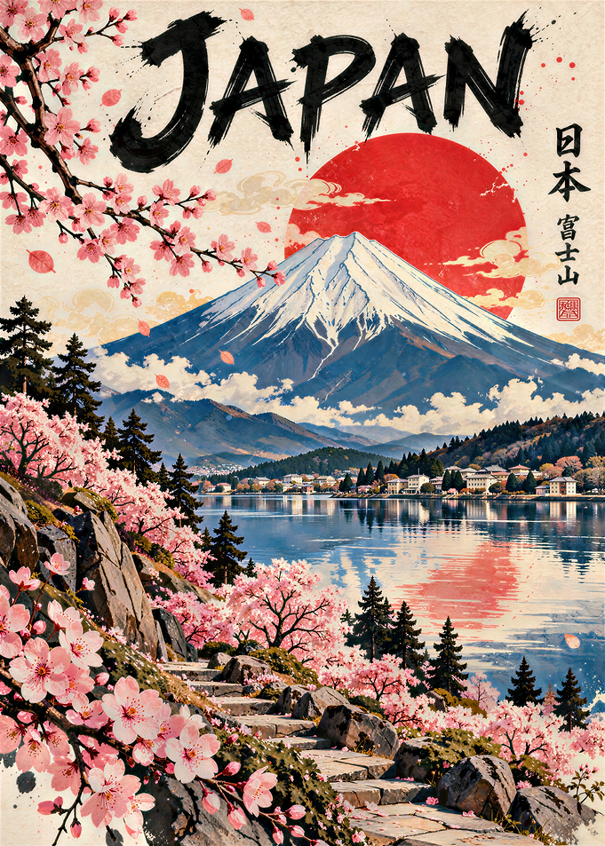 Vintage Japan Travel Poster with Fuji