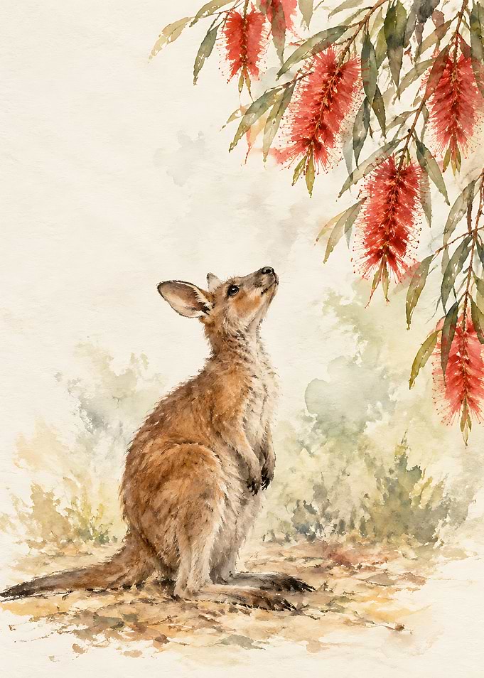 Watercolor Kangaroo and Bottlebrush Flowers