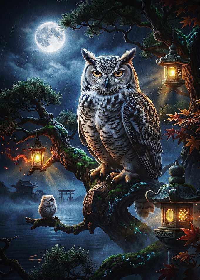 Owl Japanese Night Lantern Art