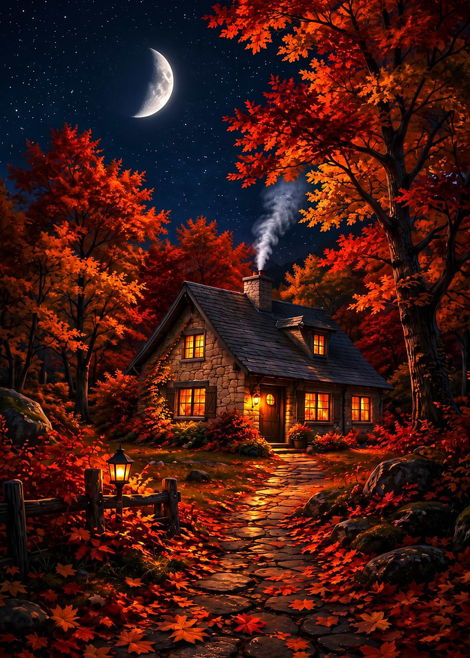 Cozy Stone Cottage in Autumn Night