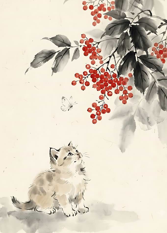 Kitten Watching Butterfly and Berries