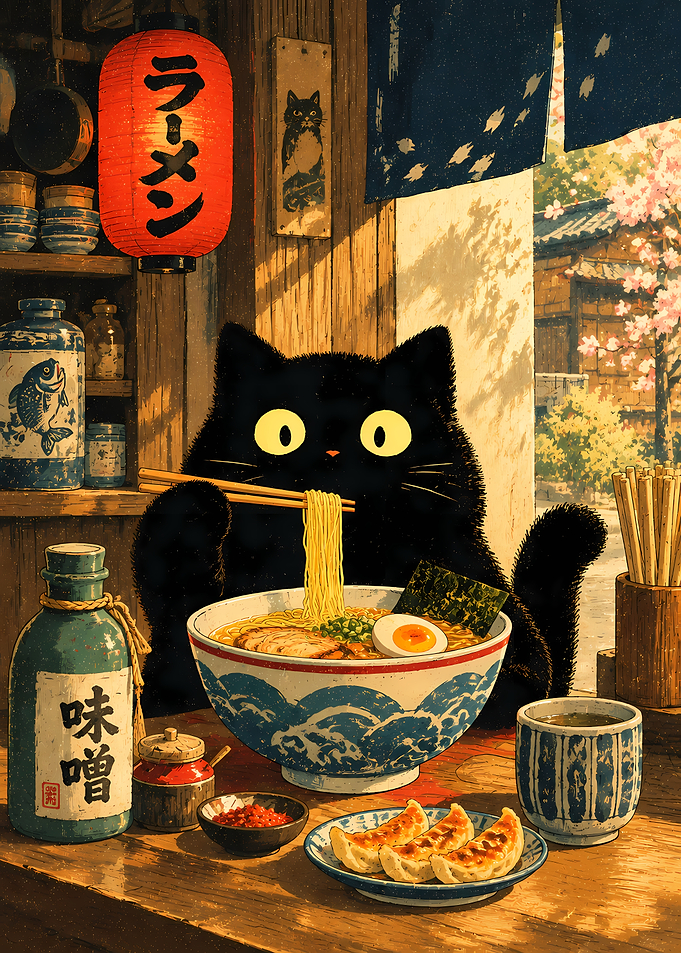 Black Cat Eating Ramen in Japan