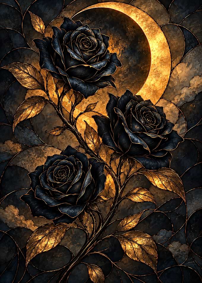 Stained Glass Black Roses and Moon