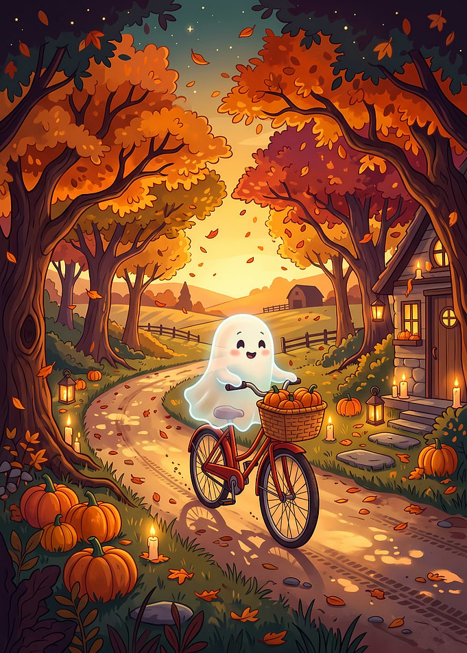 Cute Ghost Riding Bicycle in Autumn