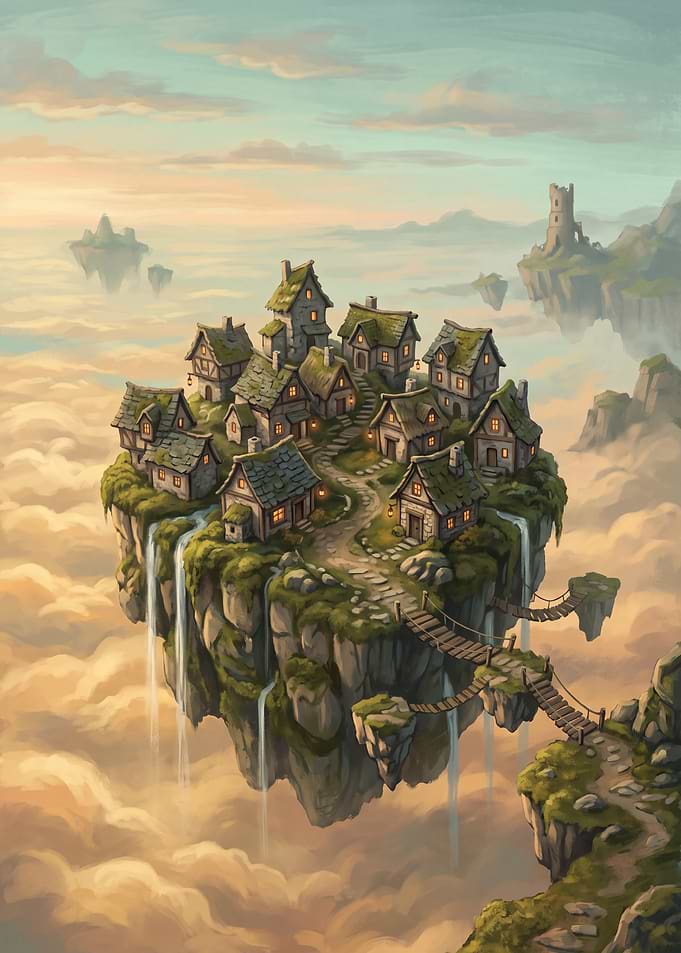 Fantasy Floating Island Village Above the Clouds